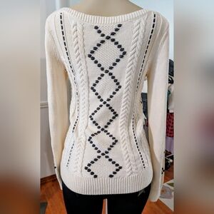 TALBOTS Womans XS  Sweater Cream Cable Knit Black Ribbon Sweater